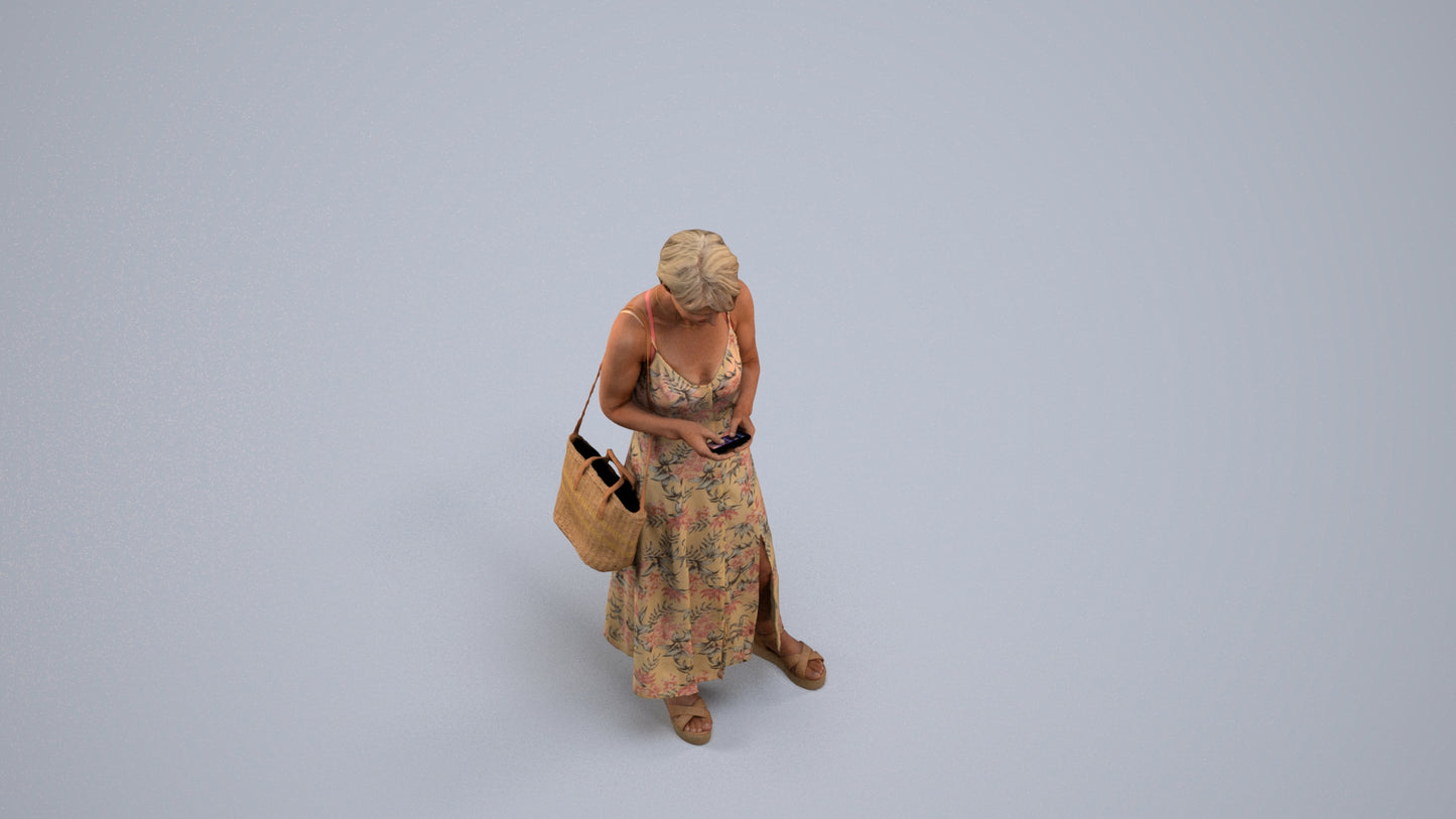 photogrammetry 3D senior woman standing, realistic human model archviz FBX, back view render