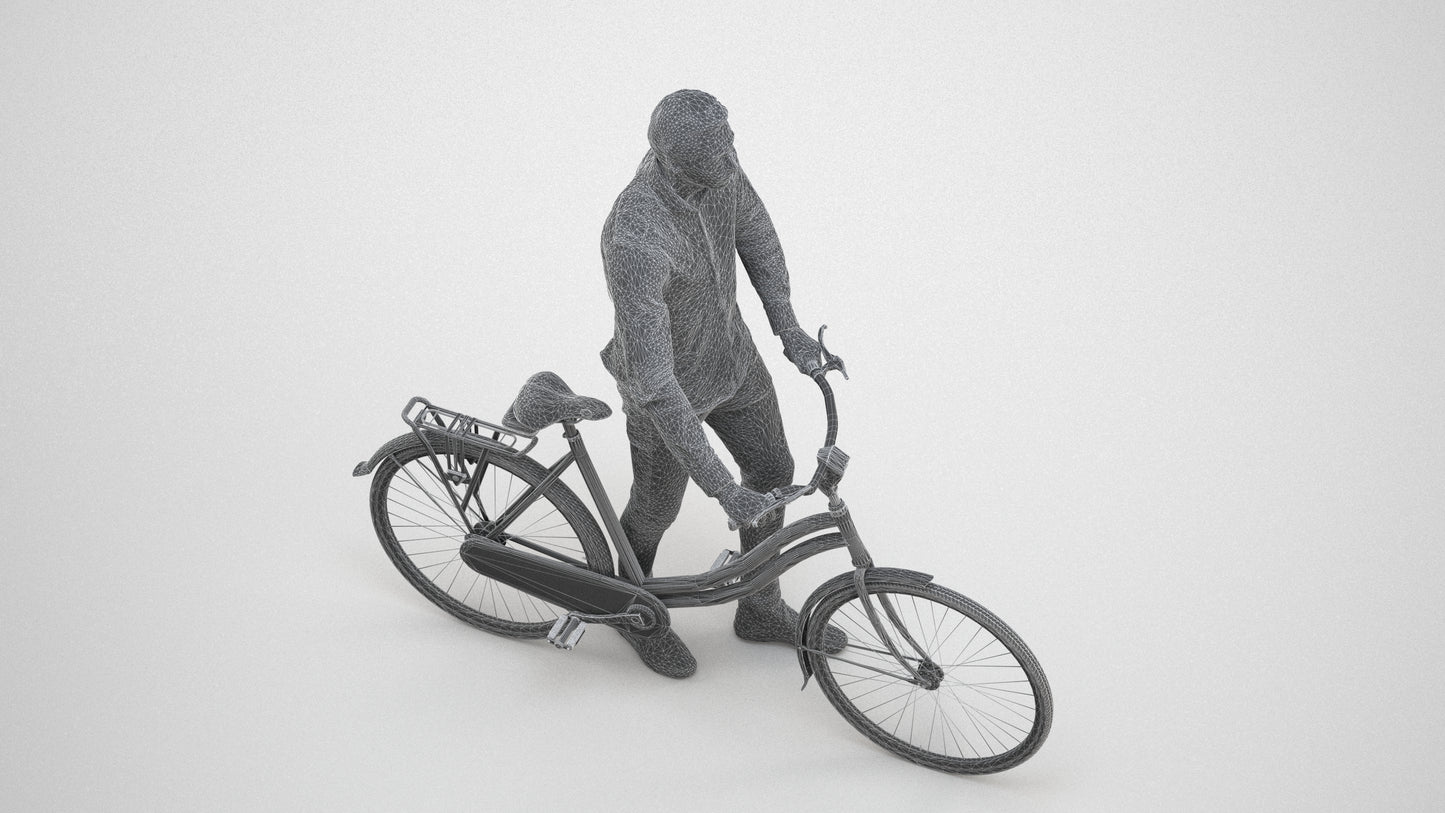 realistic 3D people man casual cycling, render-ready for V-Ray and Corona, FBX OBJ, wireframe three-quarter view