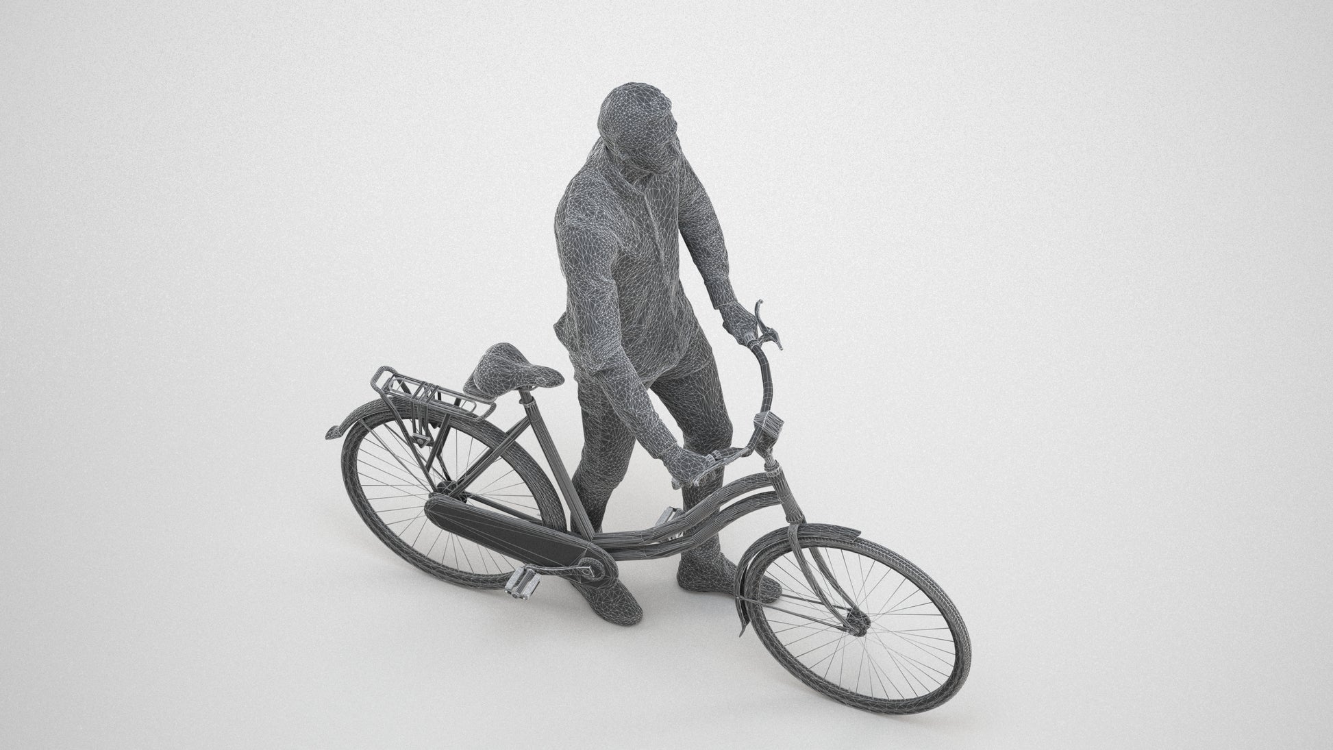 realistic 3D people man casual cycling, render-ready for V-Ray and Corona, FBX OBJ, wireframe three-quarter view