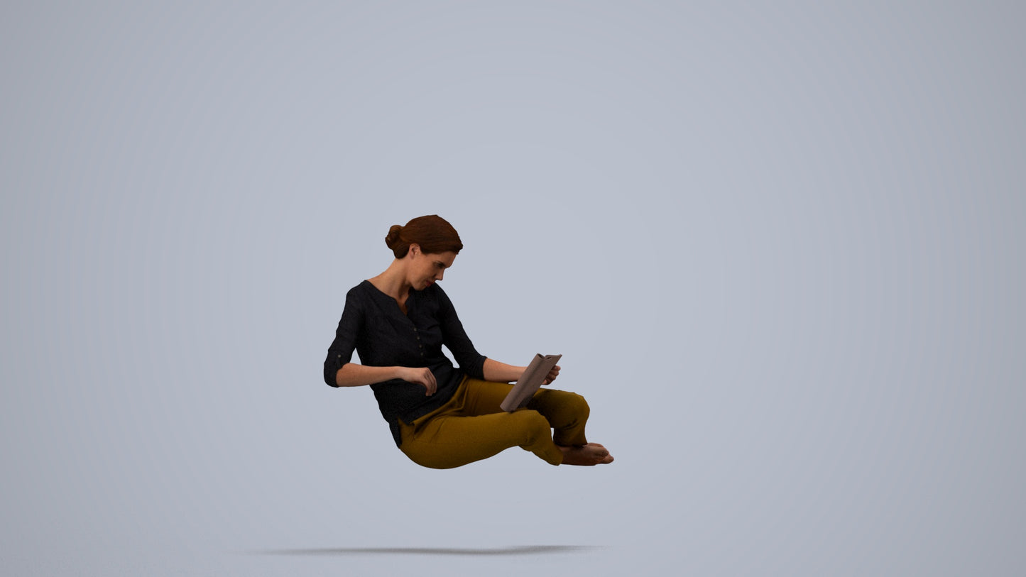 realistic 3D woman casual sitting, scanned archviz people for Blender and 3ds Max, side view render