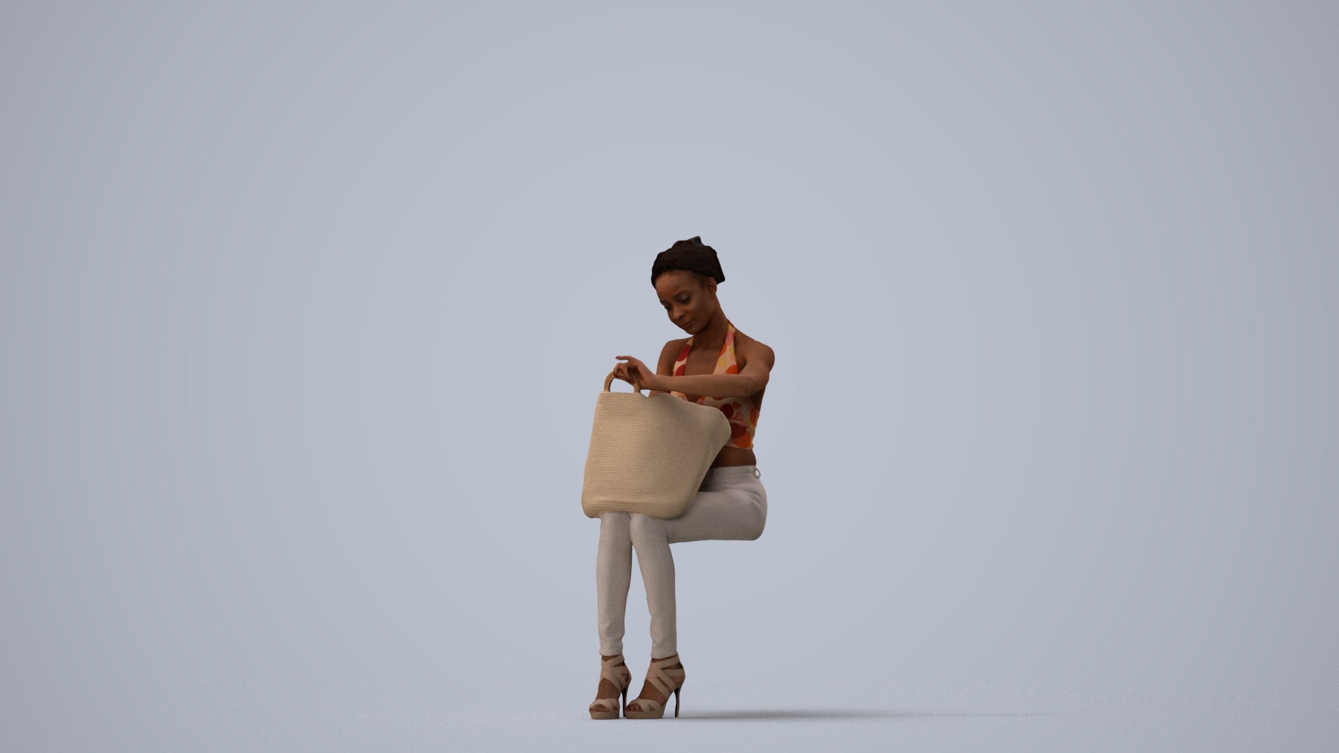 realistic 3D people woman casual sitting, render-ready for V-Ray and Corona, FBX OBJ, three-quarter view render