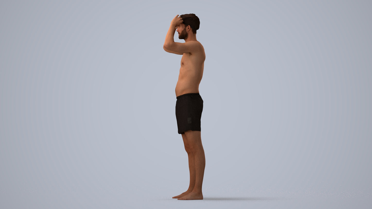 realistic 3D human man pool, archviz people FBX OBJ for Blender, three-quarter view render