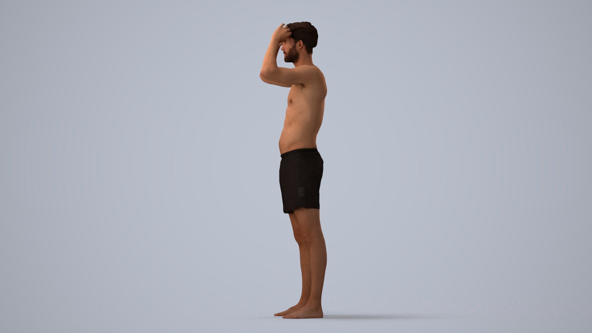 realistic 3D human man pool, archviz people FBX OBJ for Blender, three-quarter view render