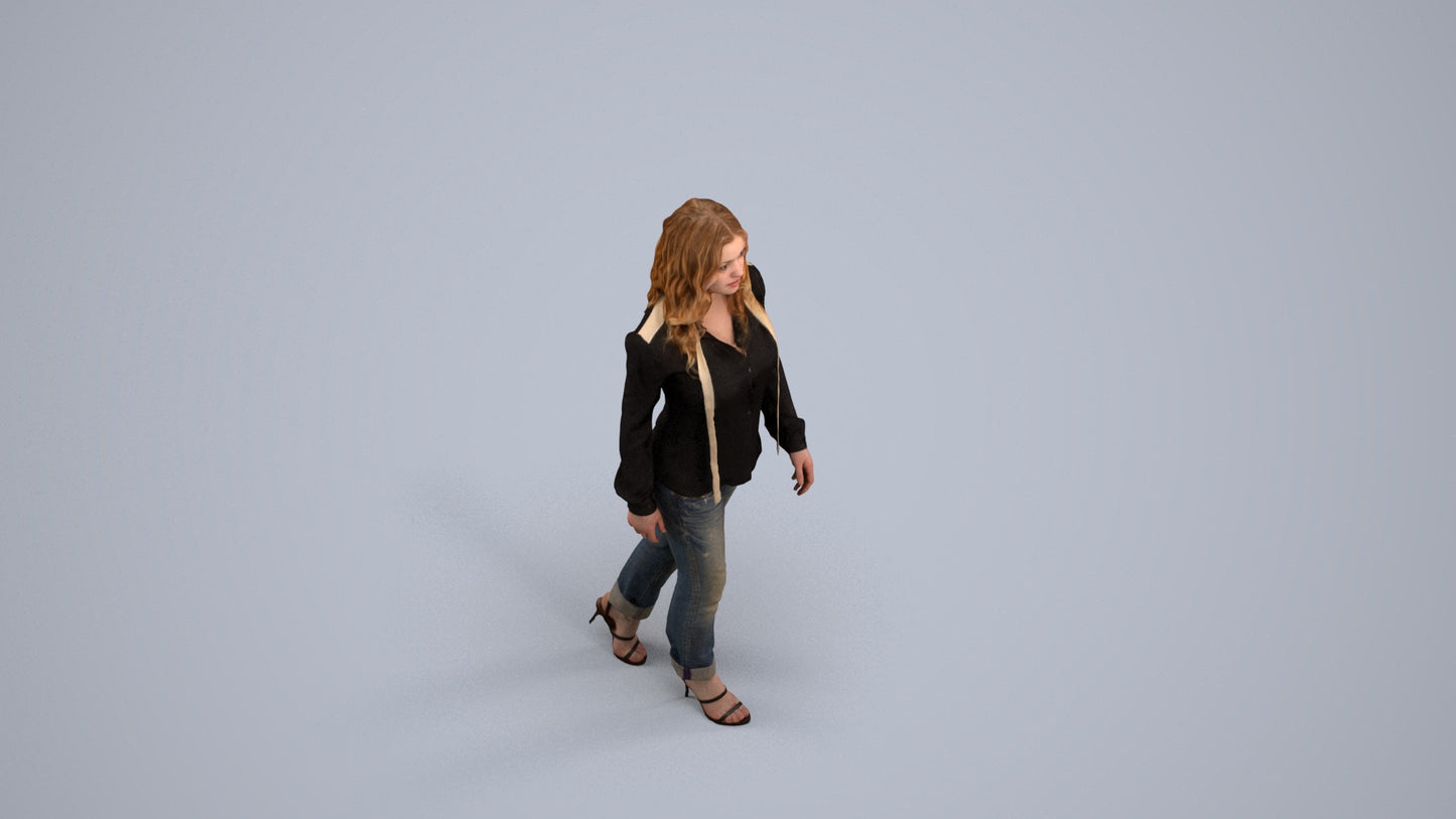 realistic 3D human woman casual walking, archviz people FBX OBJ for Blender, back view render