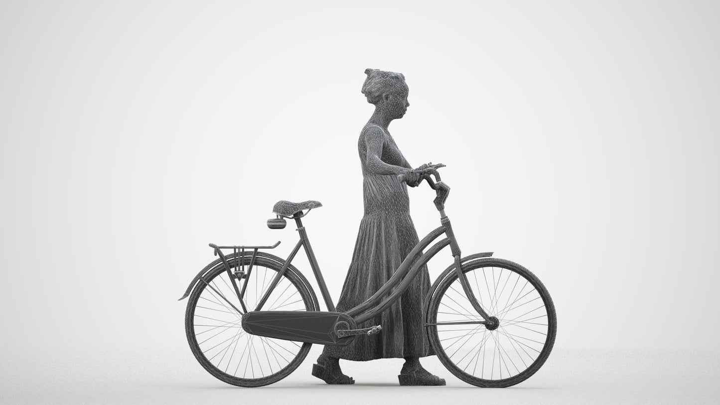 realistic 3D woman casual cycling, scanned archviz people for Blender and 3ds Max, wireframe side view