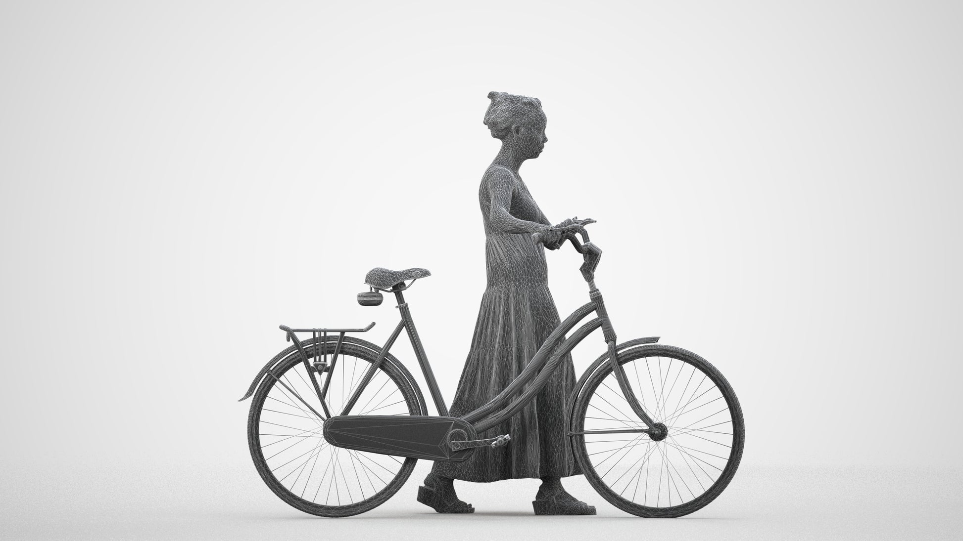 realistic 3D woman casual cycling, scanned archviz people for Blender and 3ds Max, wireframe side view