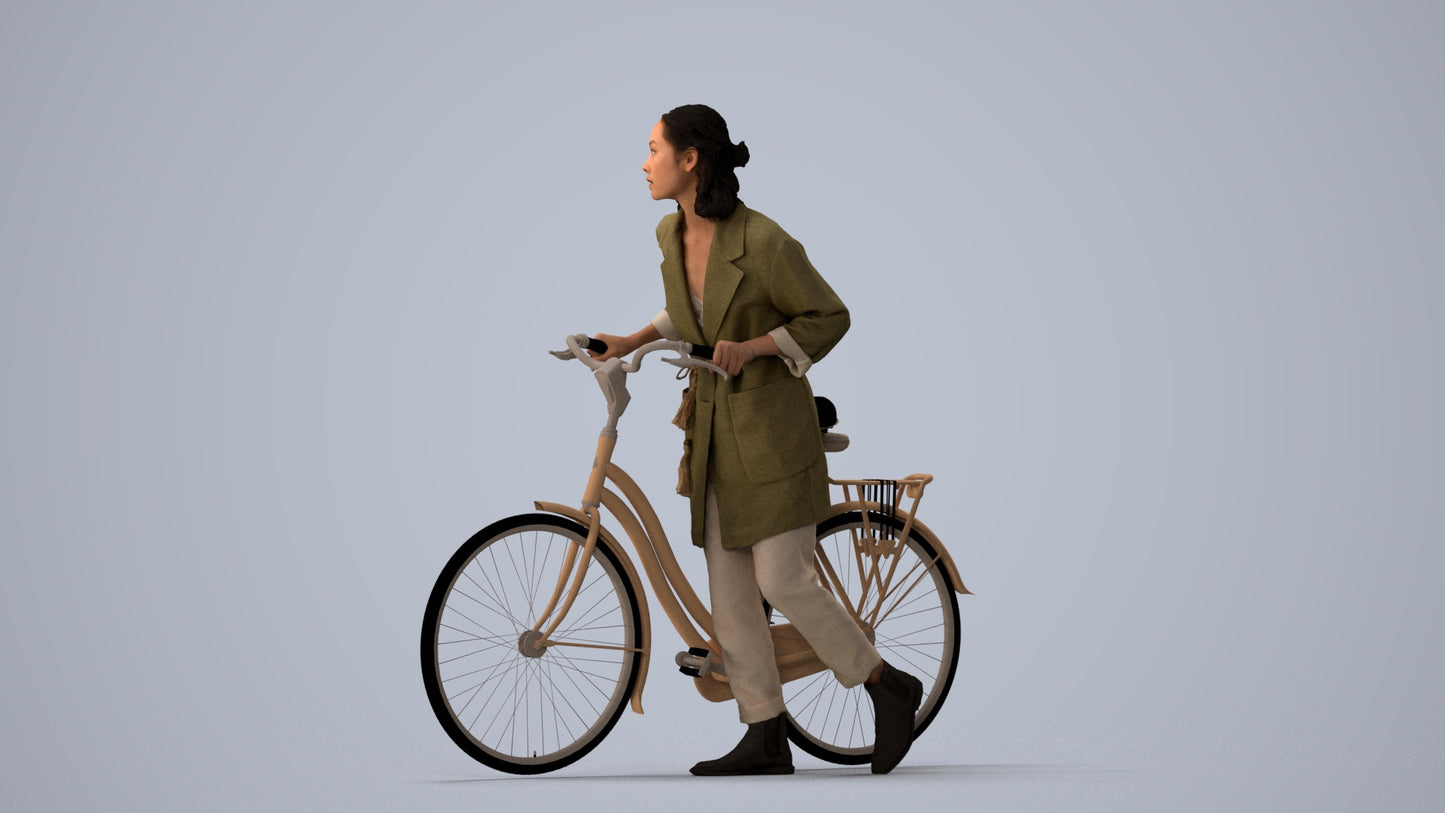 3D human model woman casual cycling, photogrammetry scanned person for archviz, three-quarter view render