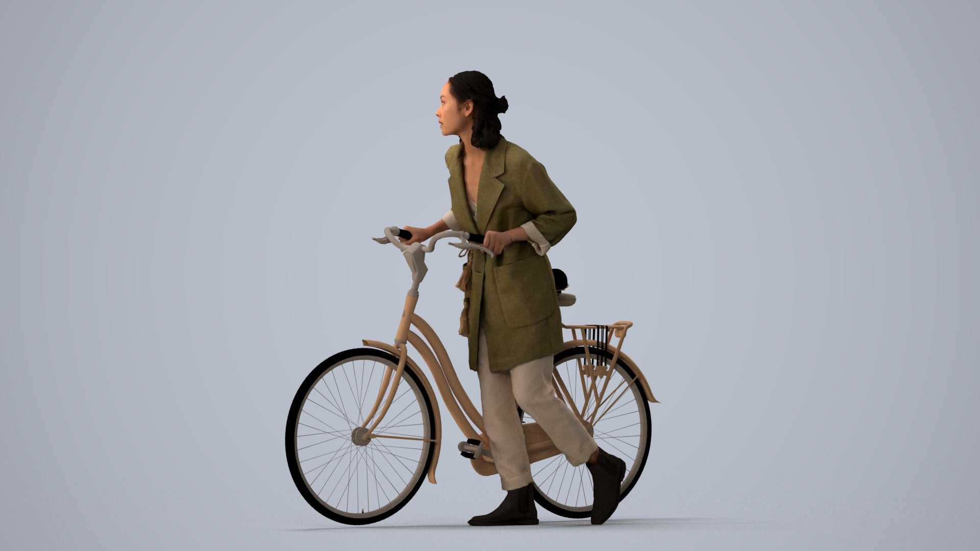 3D human model woman casual cycling, photogrammetry scanned person for archviz, three-quarter view render