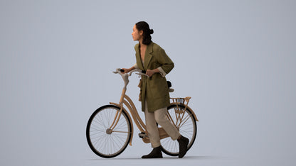 3D human model woman casual cycling, photogrammetry scanned person for archviz, three-quarter view render