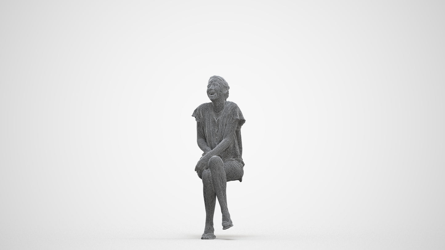 realistic 3D human woman casual sitting, archviz people FBX OBJ for Blender, three-quarter front view render