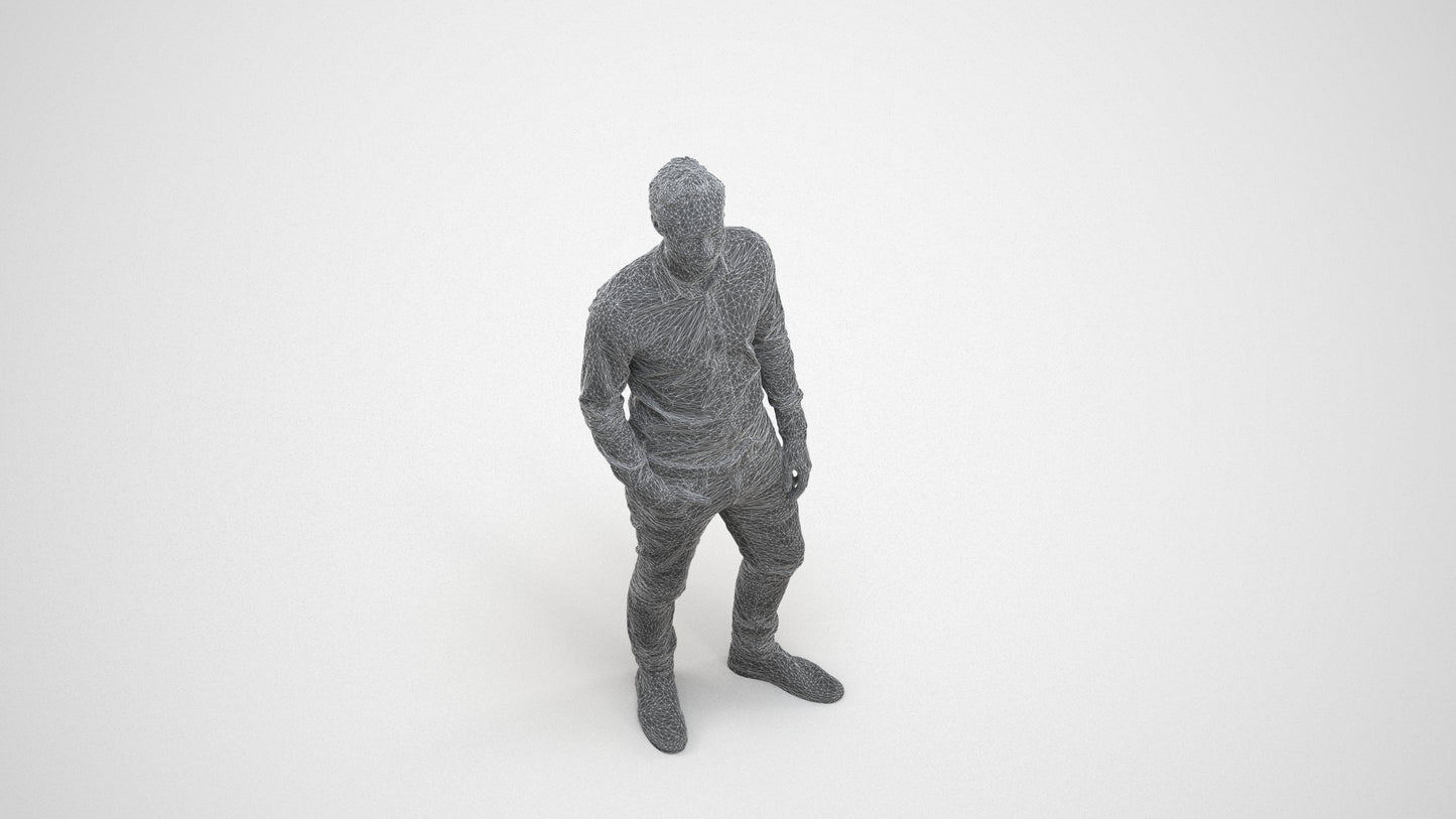 realistic 3D human man casual standing, archviz people FBX OBJ for Blender, wireframe three-quarter view