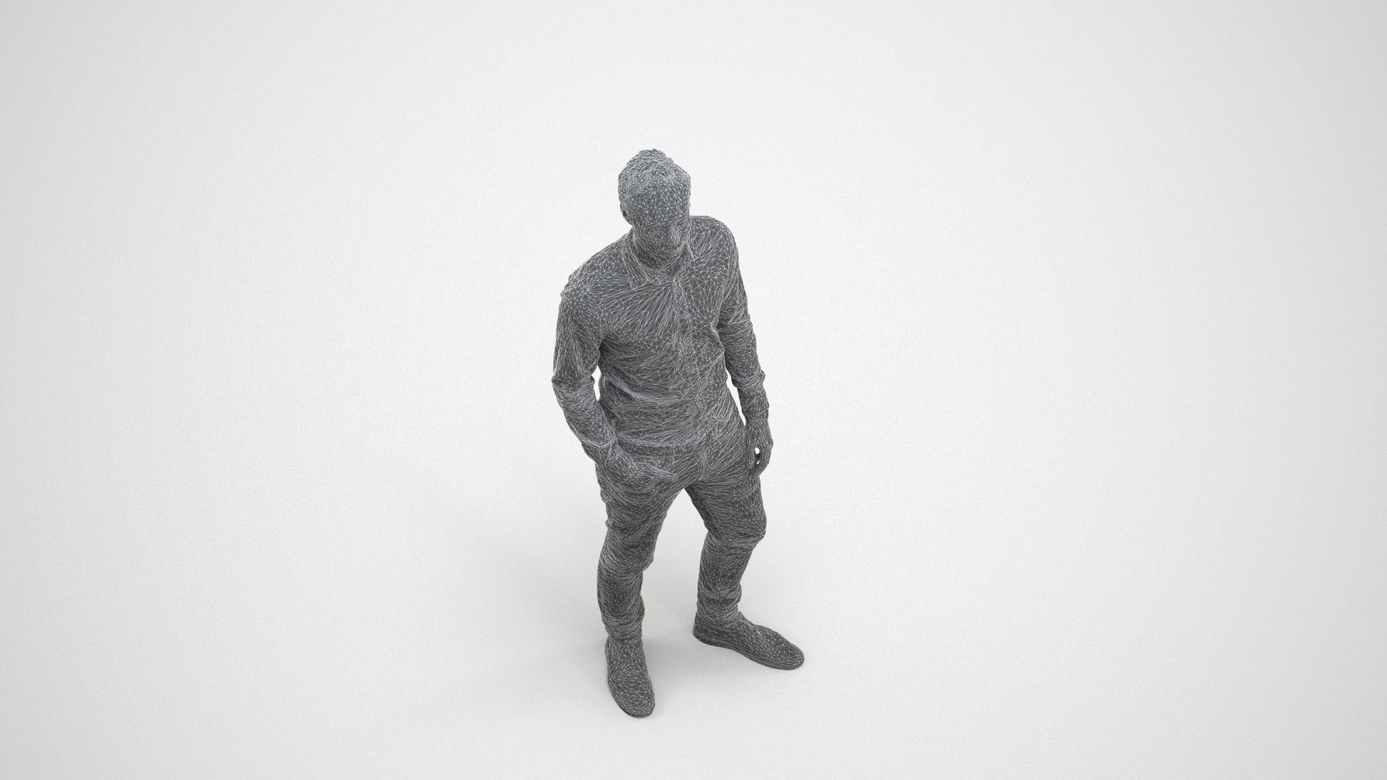 realistic 3D human man casual standing, archviz people FBX OBJ for Blender, wireframe three-quarter view