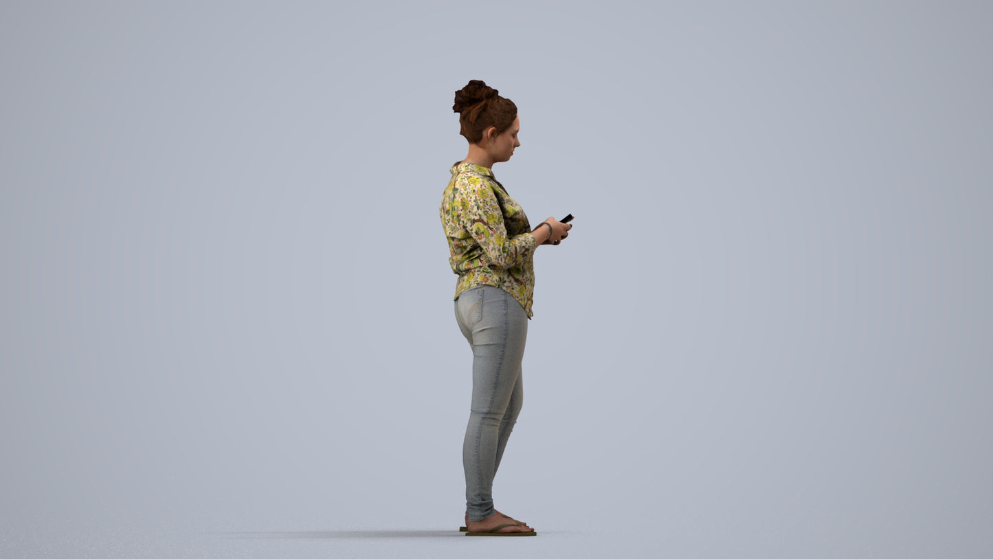 3D scanned woman standing casual, photorealistic archviz people for Enscape and SketchUp, side view render