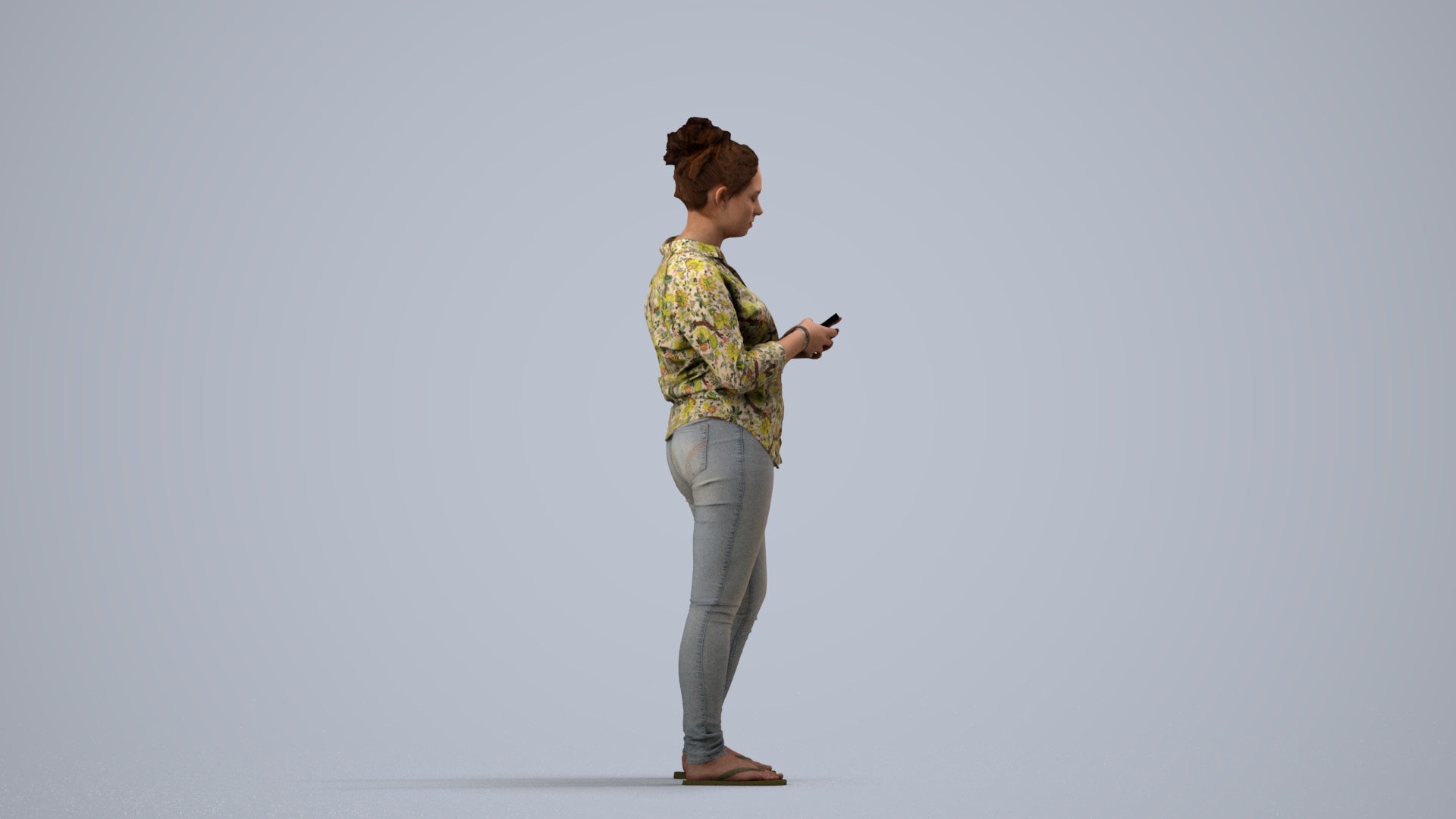 3D scanned woman standing casual, photorealistic archviz people for Enscape and SketchUp, side view render
