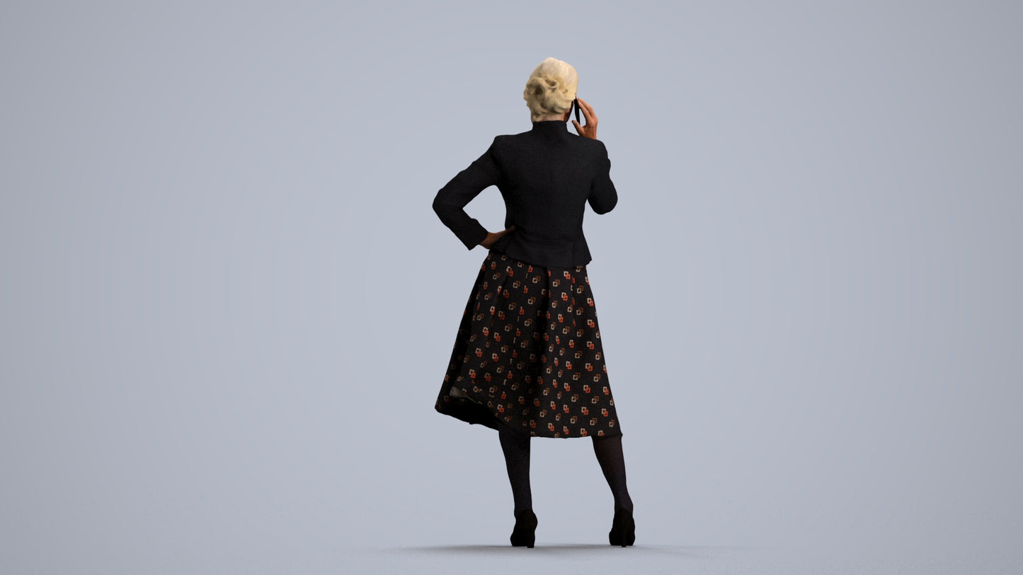 3D human model senior woman business standing, photogrammetry scanned person for archviz, front view render