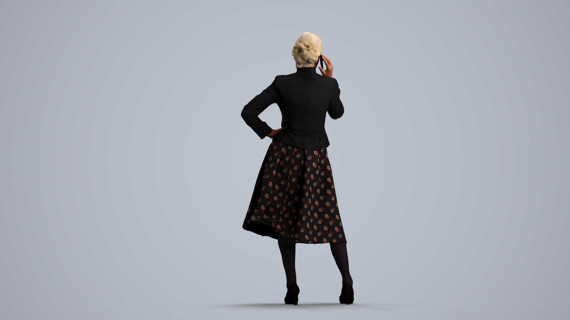 3D human model senior woman business standing, photogrammetry scanned person for archviz, front view render