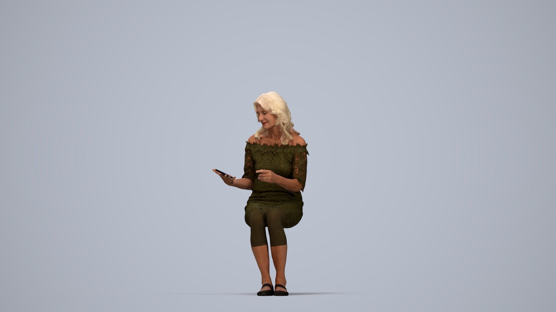 photogrammetry 3D senior woman casual sitting, realistic human model archviz FBX, top-down view render