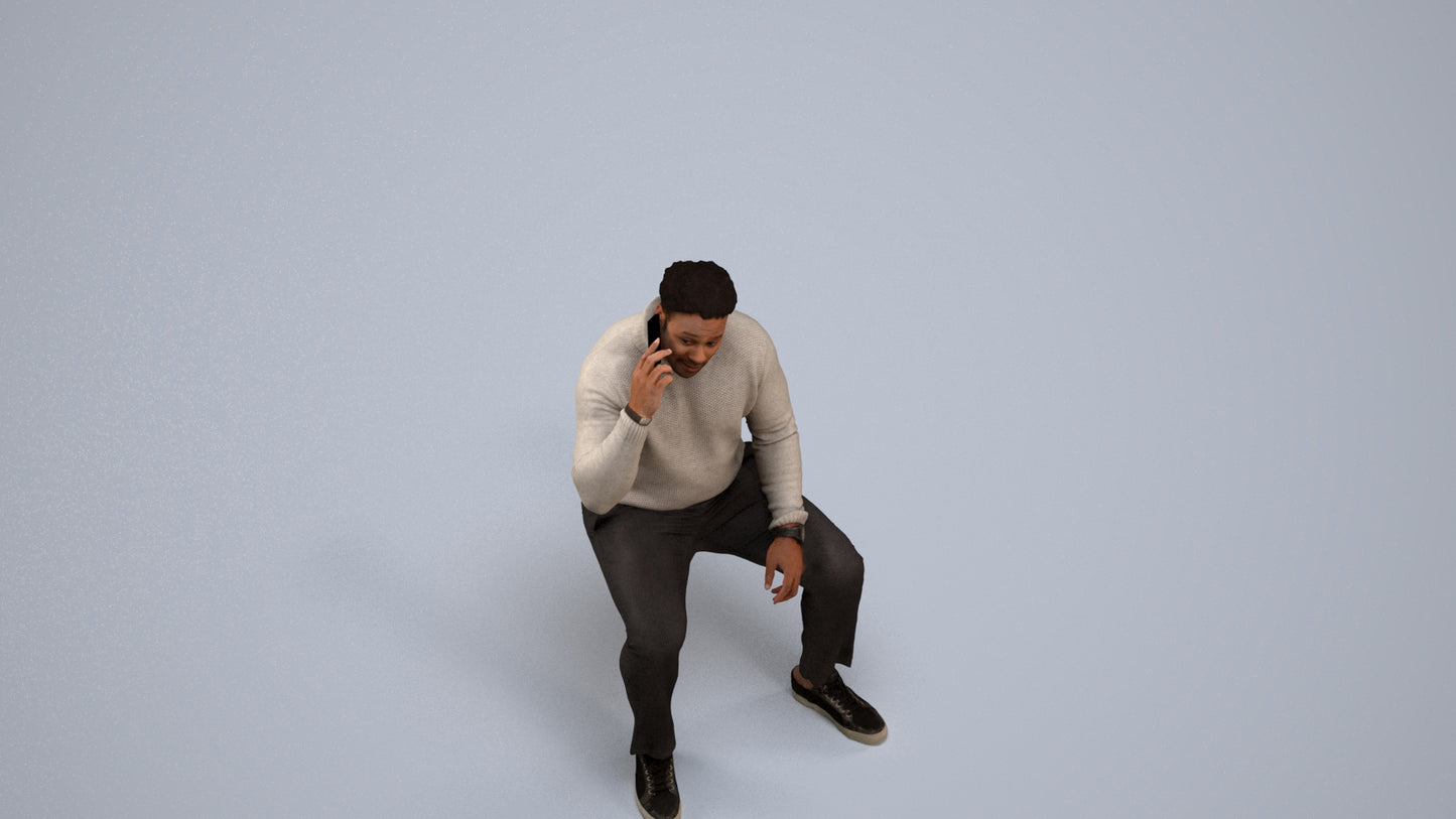 3D human model man casual sitting, photogrammetry scanned person for archviz, back view render