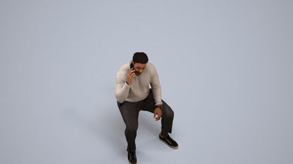 3D human model man casual sitting, photogrammetry scanned person for archviz, back view render