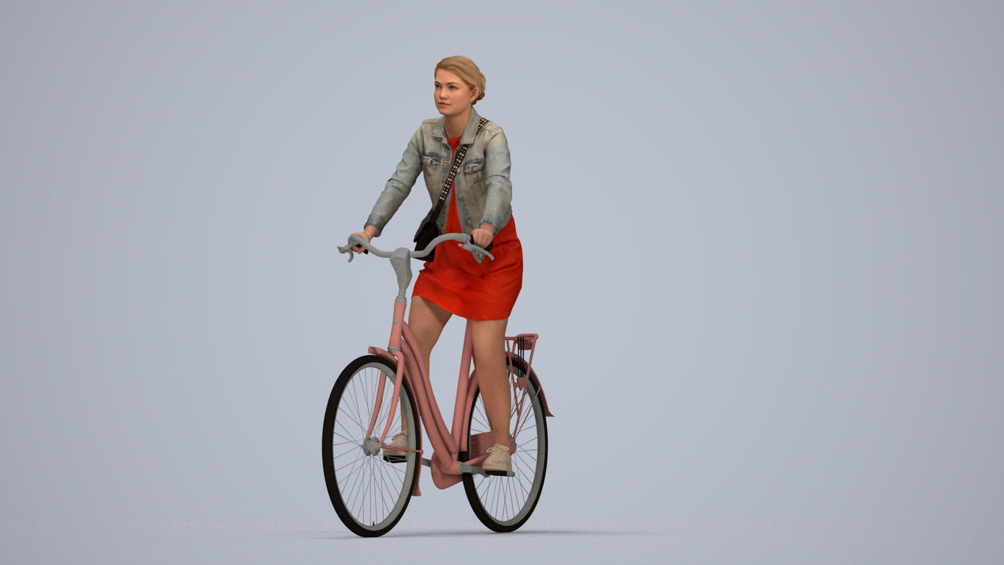 realistic 3D people woman casual cycling, render-ready for V-Ray and Corona, FBX OBJ, top-down view render