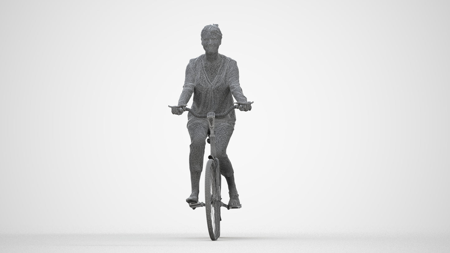 3D scanned woman cycling casual, photorealistic archviz people for Enscape and SketchUp, wireframe back view