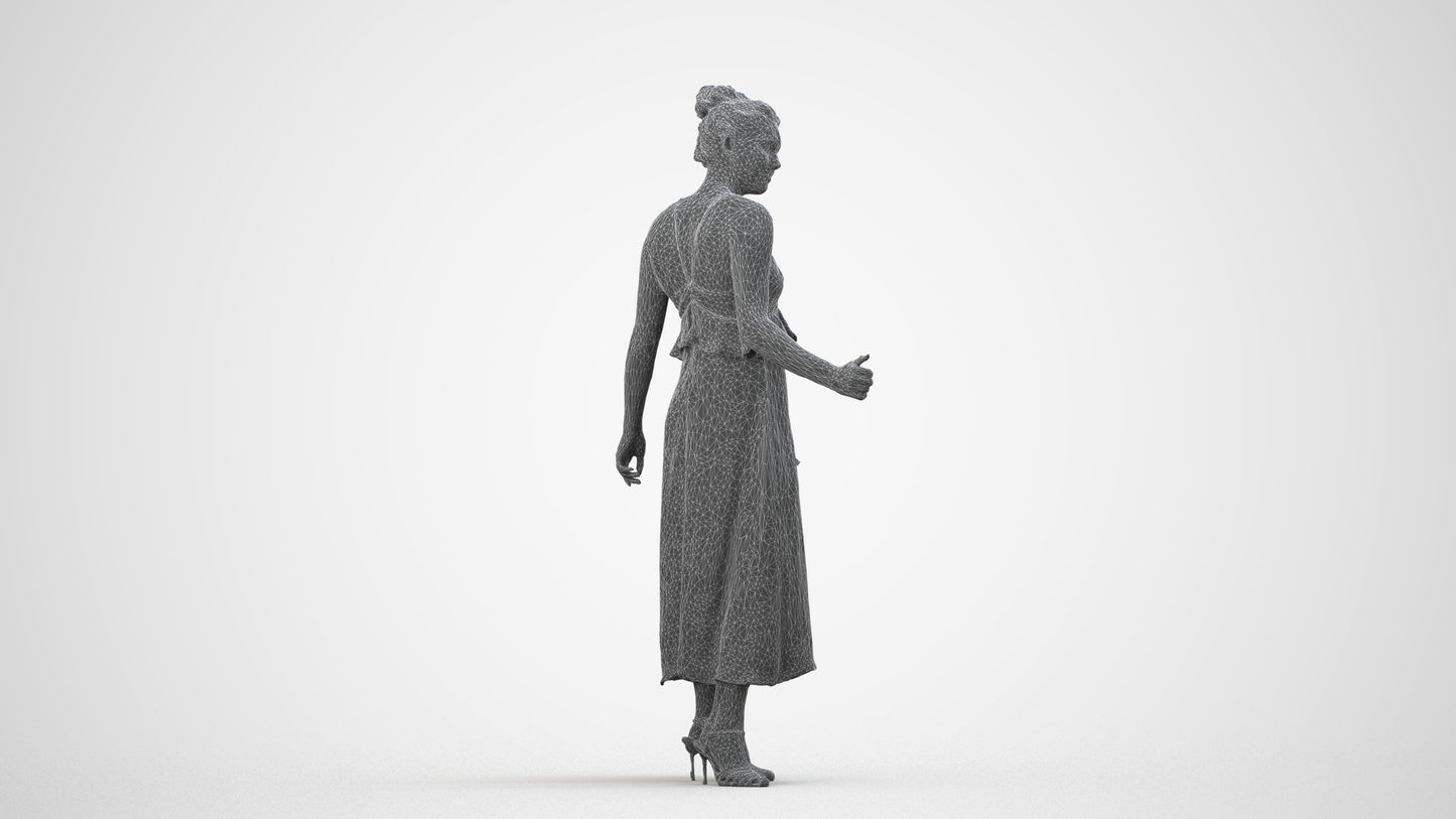 3D people model woman formal door, scanned human for 3ds Max rendering, wireframe side view