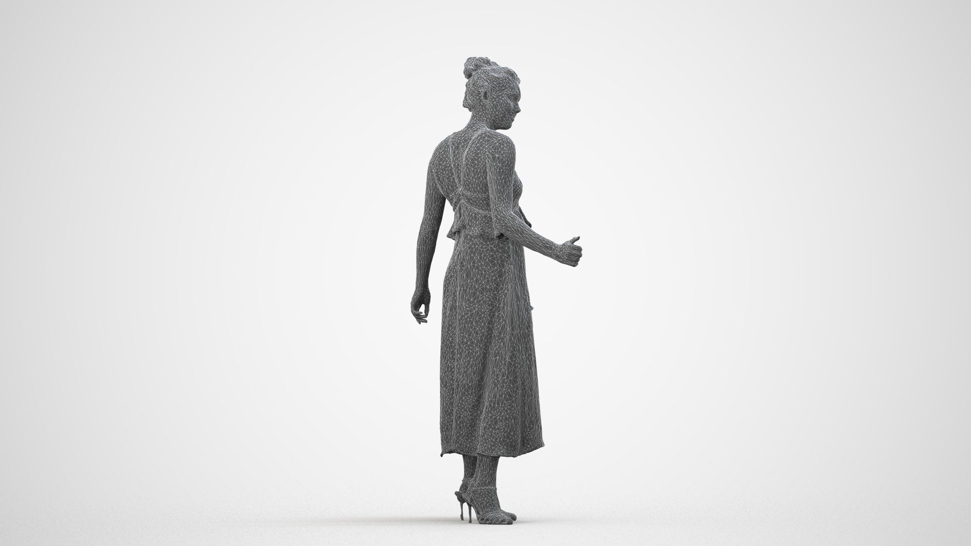 3D people model woman formal door, scanned human for 3ds Max rendering, wireframe side view