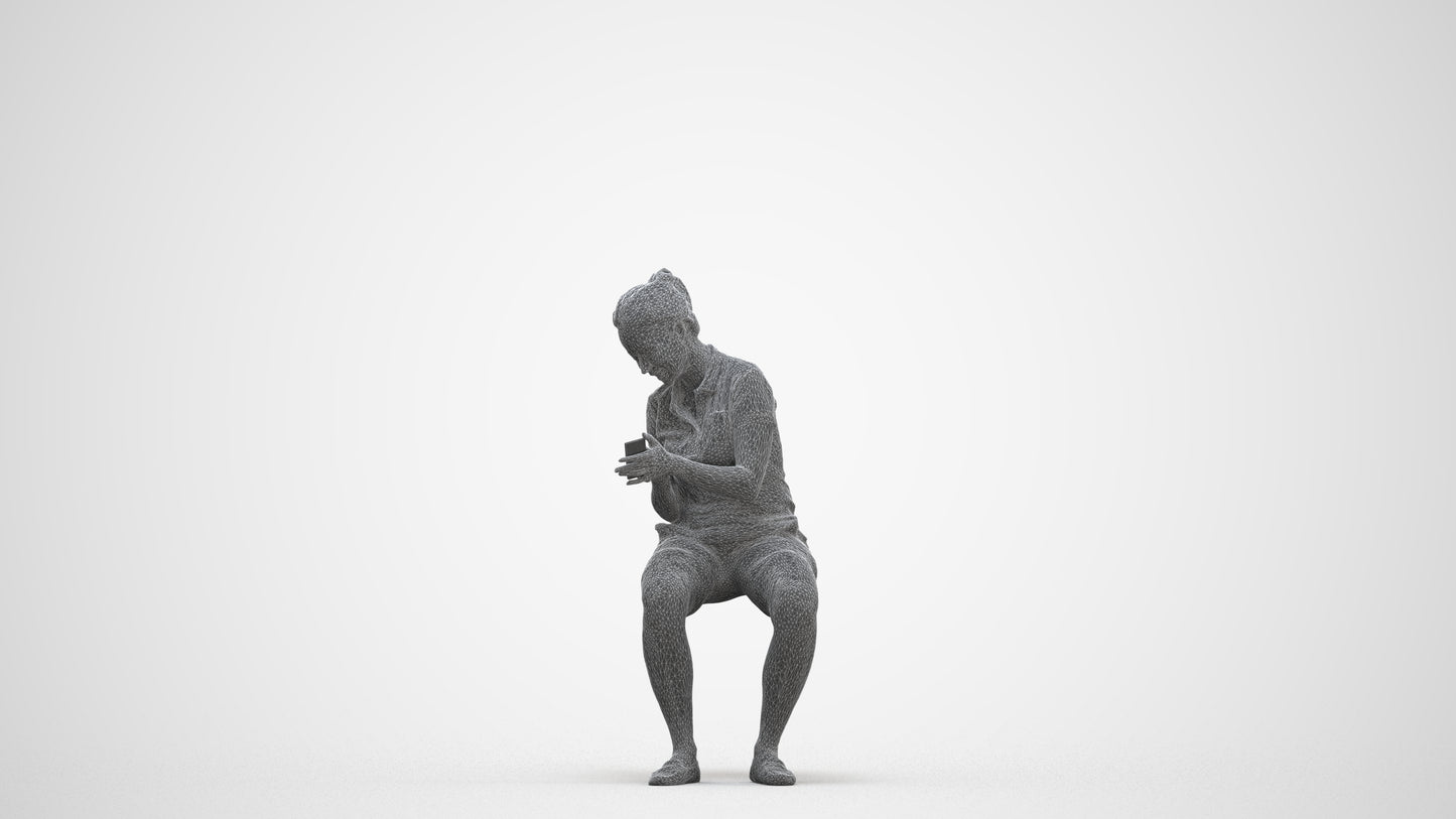 realistic 3D woman casual sitting, scanned archviz people for Blender and 3ds Max, three-quarter front view render