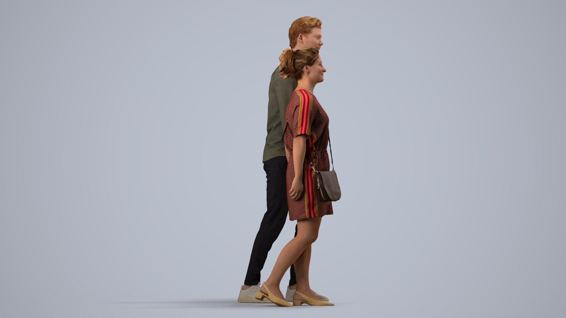 realistic 3D people woman casual couple, render-ready for V-Ray and Corona, FBX OBJ, side view render