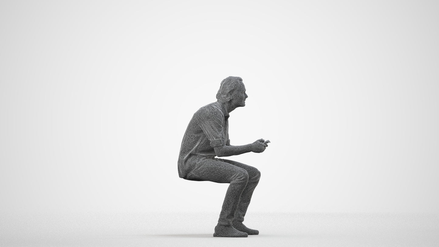 photogrammetry 3D man casual sitting, realistic human model archviz FBX, wireframe side view