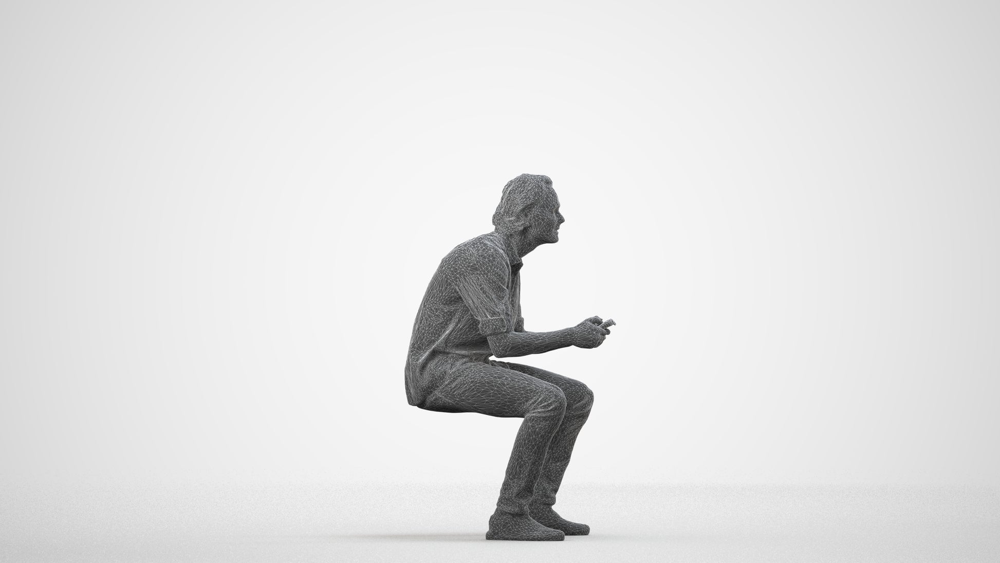 photogrammetry 3D man casual sitting, realistic human model archviz FBX, wireframe side view