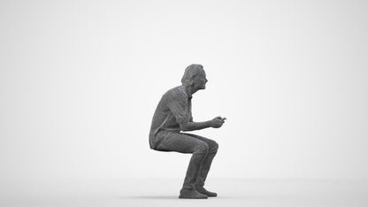 photogrammetry 3D man casual sitting, realistic human model archviz FBX, wireframe side view