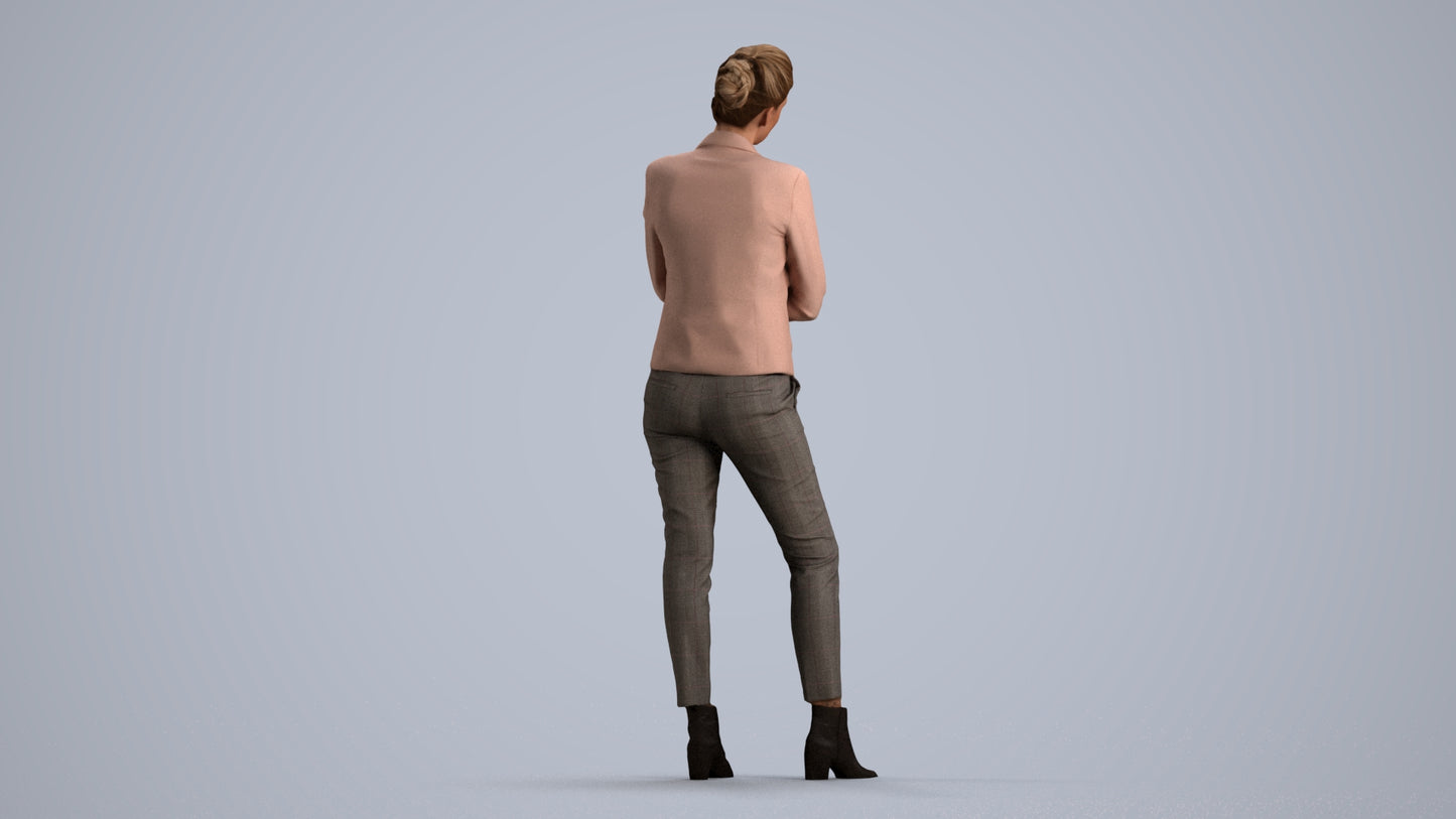 3D human model woman business, photogrammetry scanned person for archviz, front view render