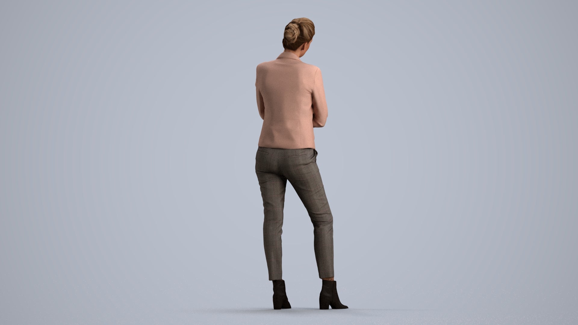 3D human model woman business, photogrammetry scanned person for archviz, front view render