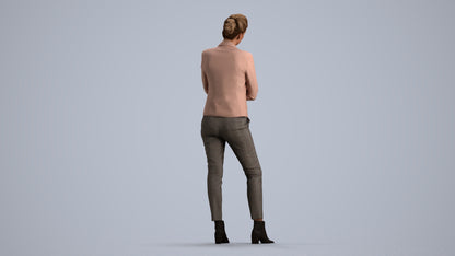 3D human model woman business, photogrammetry scanned person for archviz, front view render