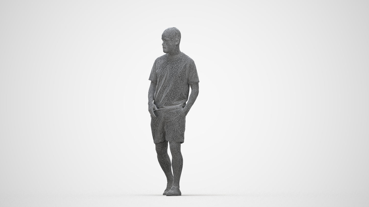 3D scanned man walking casual, photorealistic archviz people for Enscape and SketchUp, wireframe back view