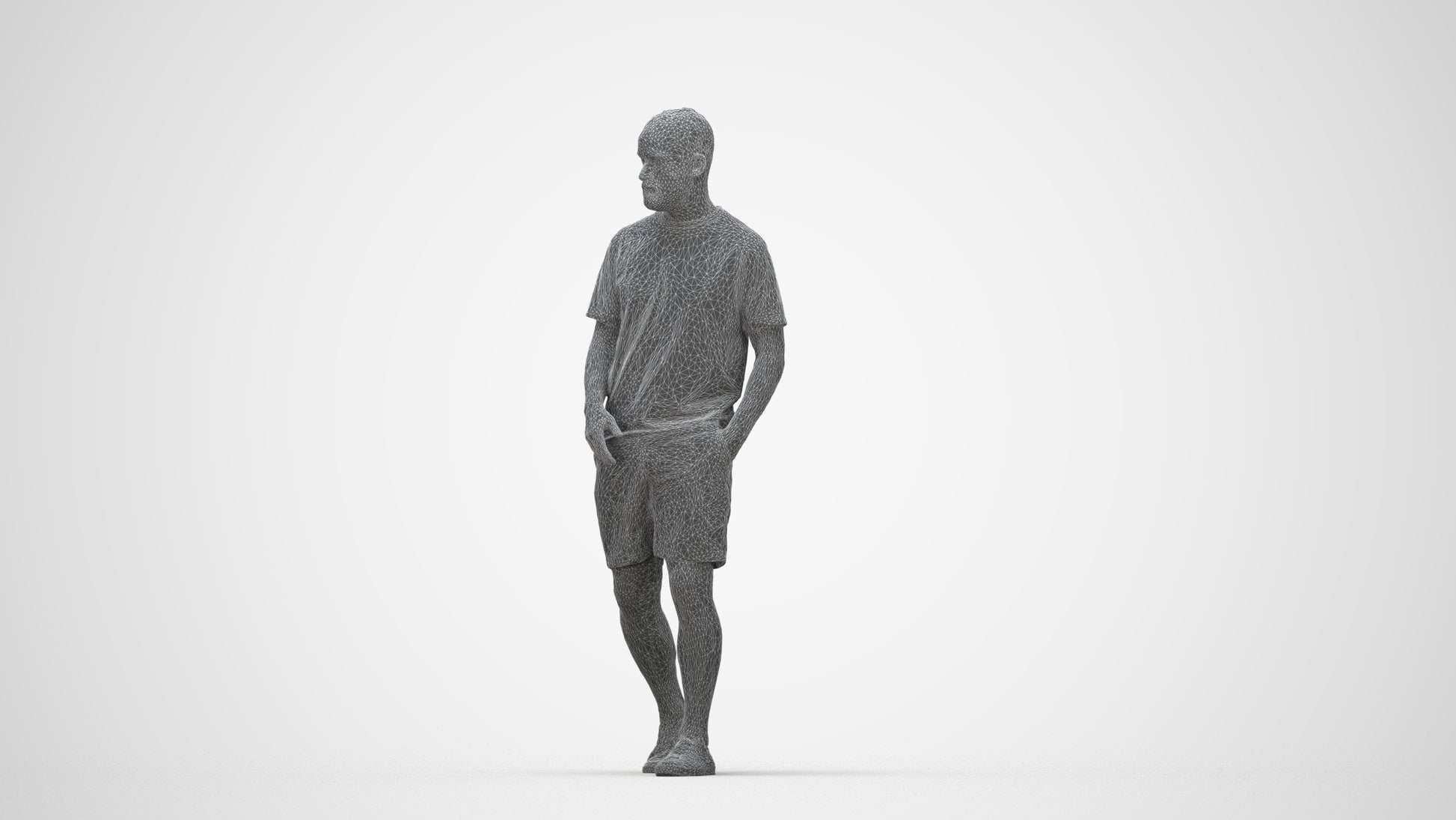 3D scanned man walking casual, photorealistic archviz people for Enscape and SketchUp, wireframe back view