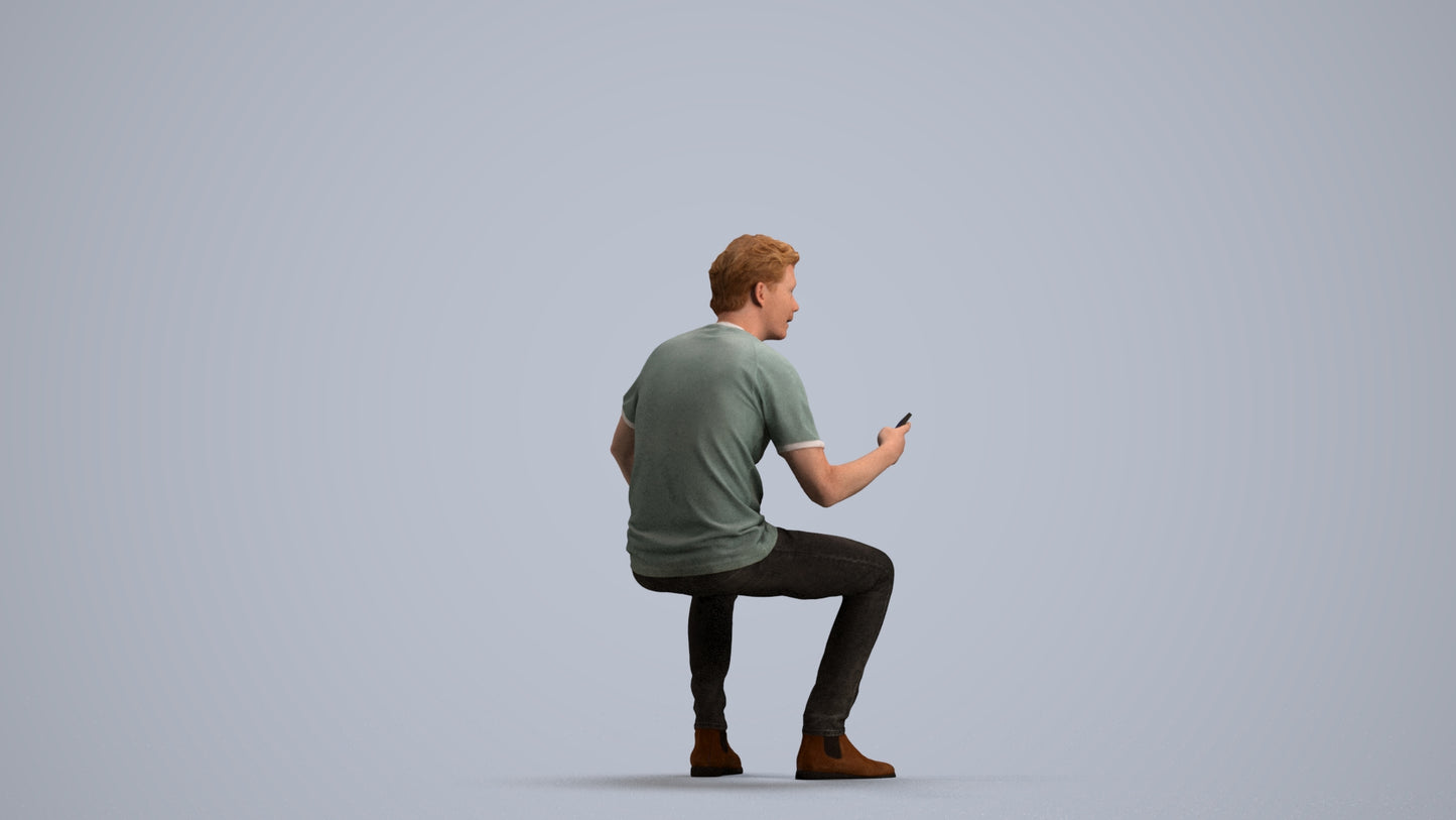 3D human model man casual sitting, photogrammetry scanned person for archviz, front view render