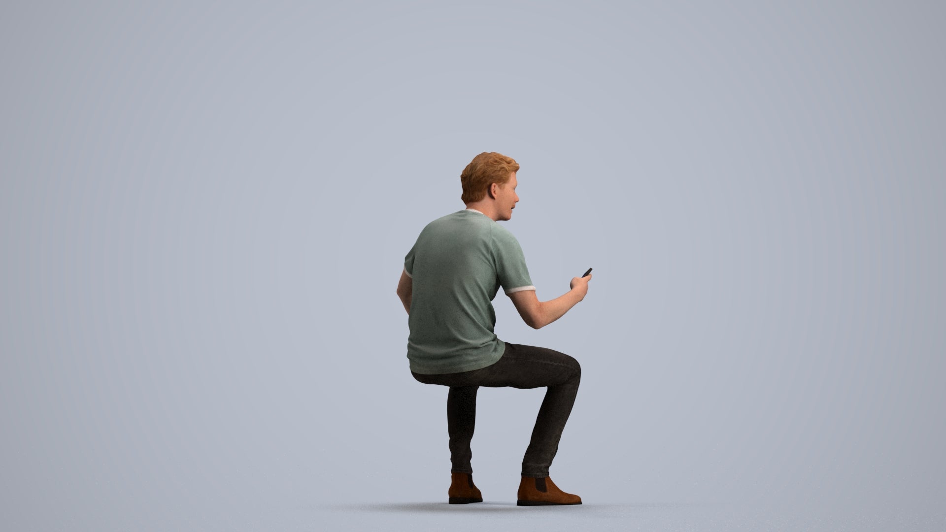 3D human model man casual sitting, photogrammetry scanned person for archviz, front view render