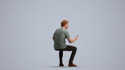 3D human model man casual sitting, photogrammetry scanned person for archviz, front view render