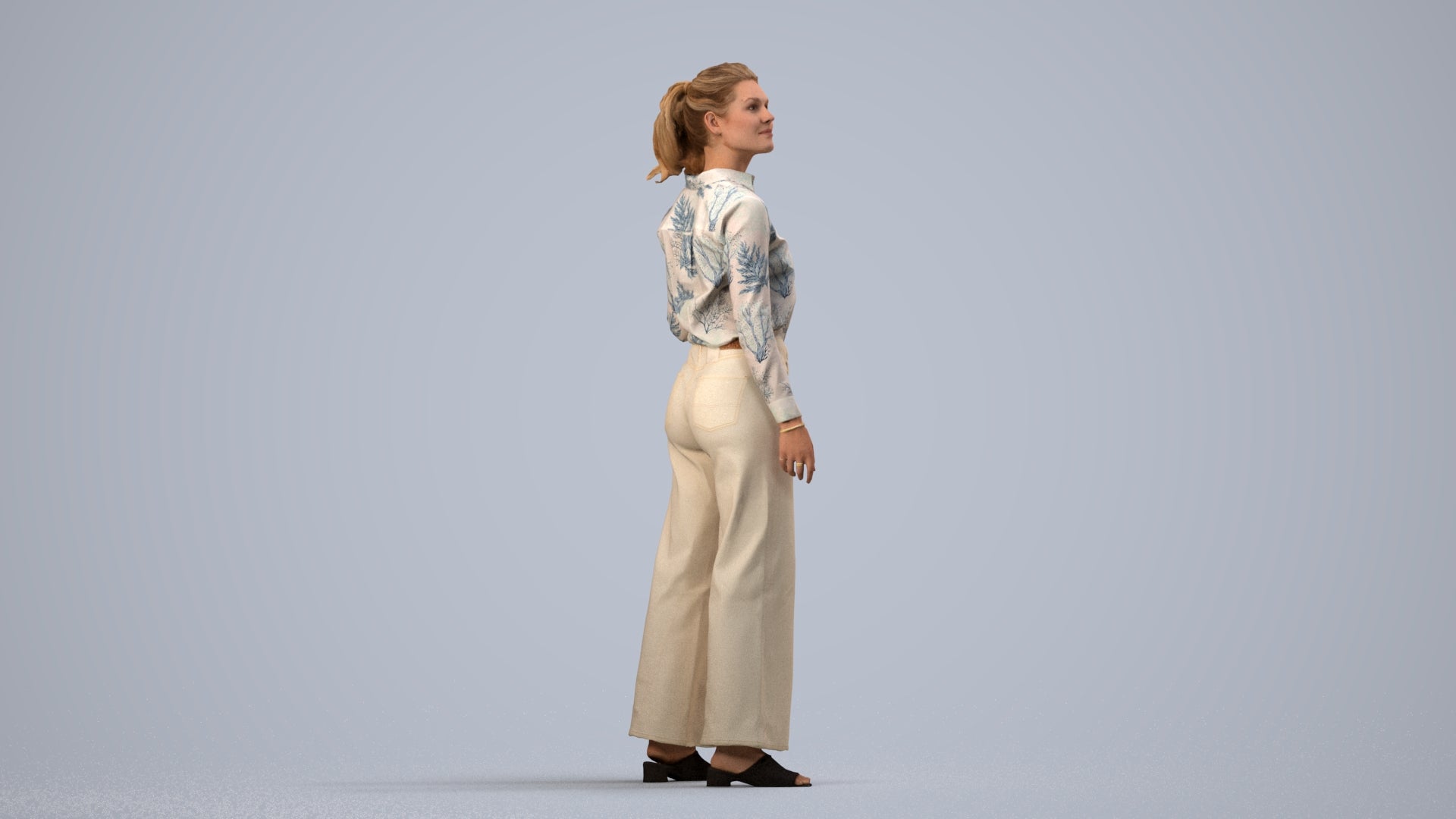 3D scanned woman standing casual, photorealistic archviz people for Enscape and SketchUp, side view render