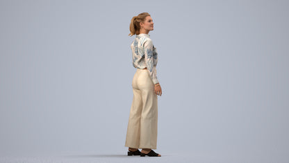 3D scanned woman standing casual, photorealistic archviz people for Enscape and SketchUp, side view render