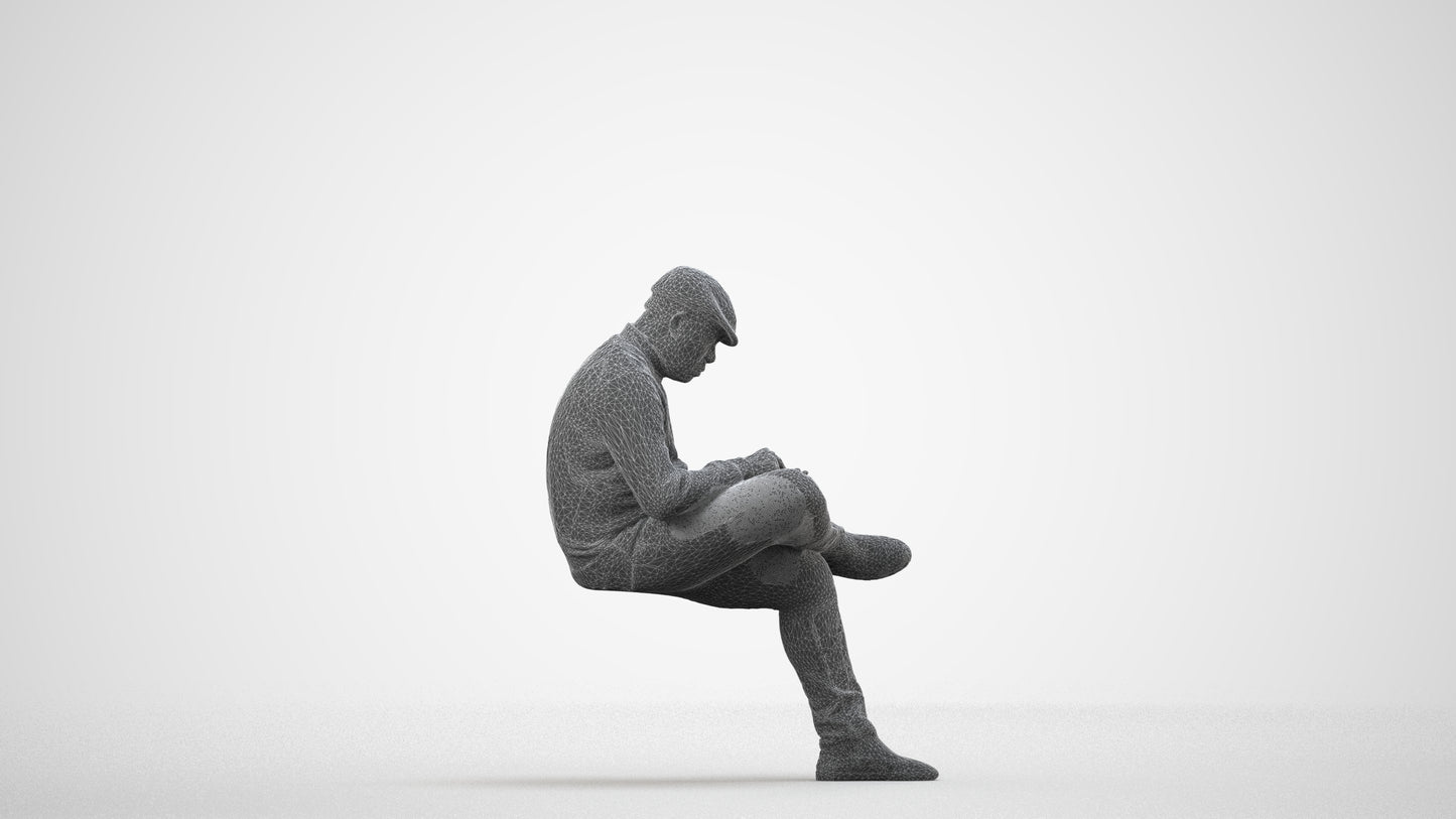 realistic 3D human man casual sitting, archviz people FBX OBJ for Blender, wireframe side view