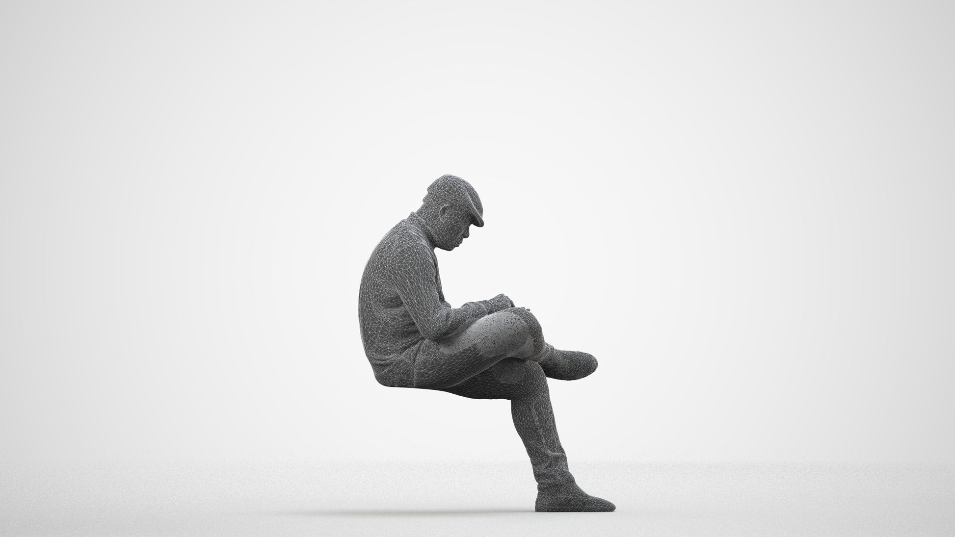 realistic 3D human man casual sitting, archviz people FBX OBJ for Blender, wireframe side view