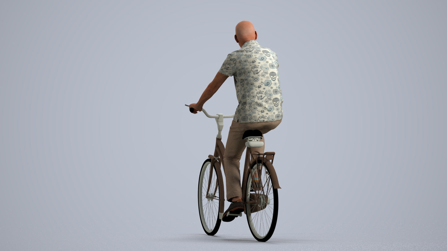 photogrammetry 3D senior man casual cycling, realistic human model archviz FBX, front view render