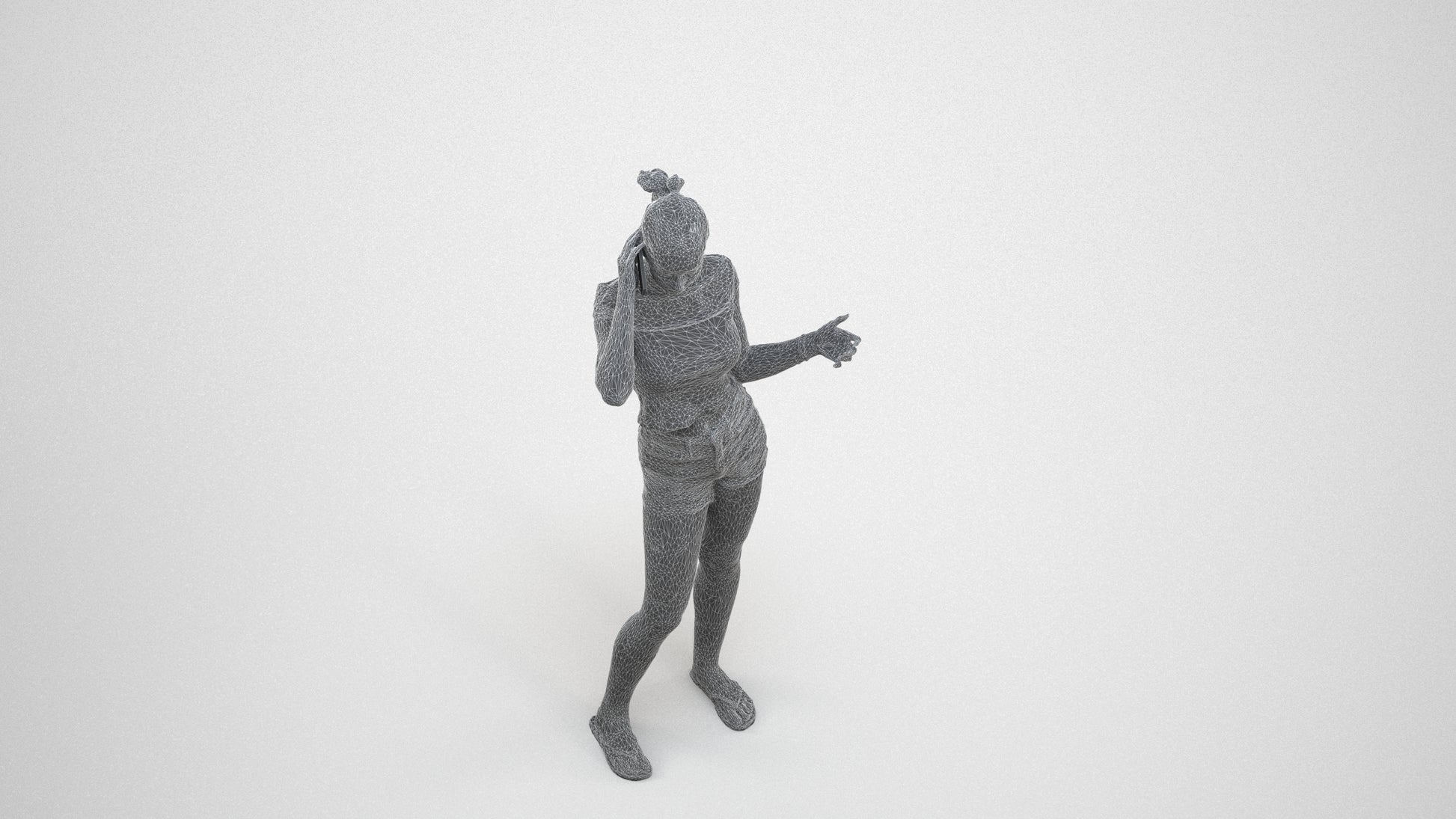 3D people model girl casual standing, scanned human for 3ds Max rendering, wireframe three-quarter view