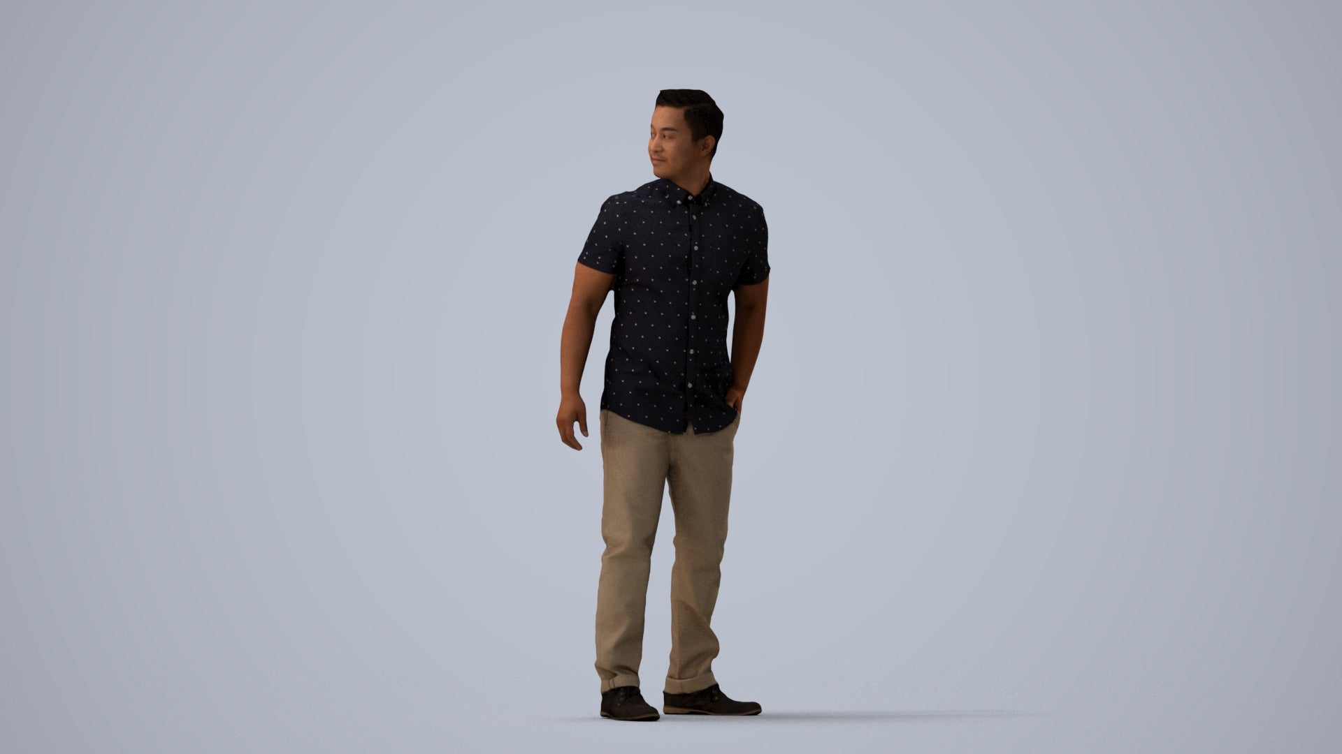 3D scanned man standing casual, photorealistic archviz people for Enscape and SketchUp, three-quarter view render
