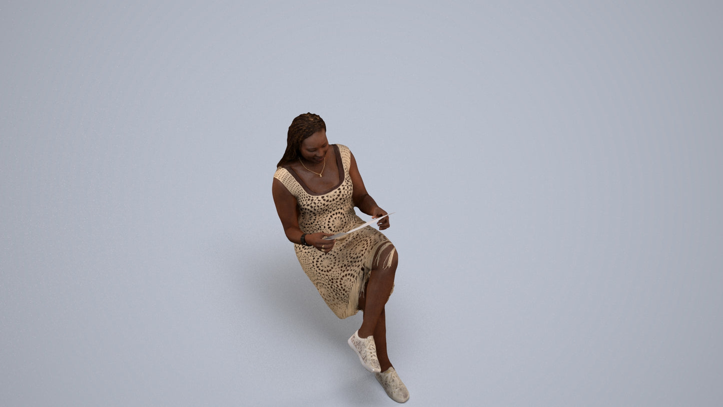 realistic 3D human woman casual sitting, archviz people FBX OBJ for Blender, back view render