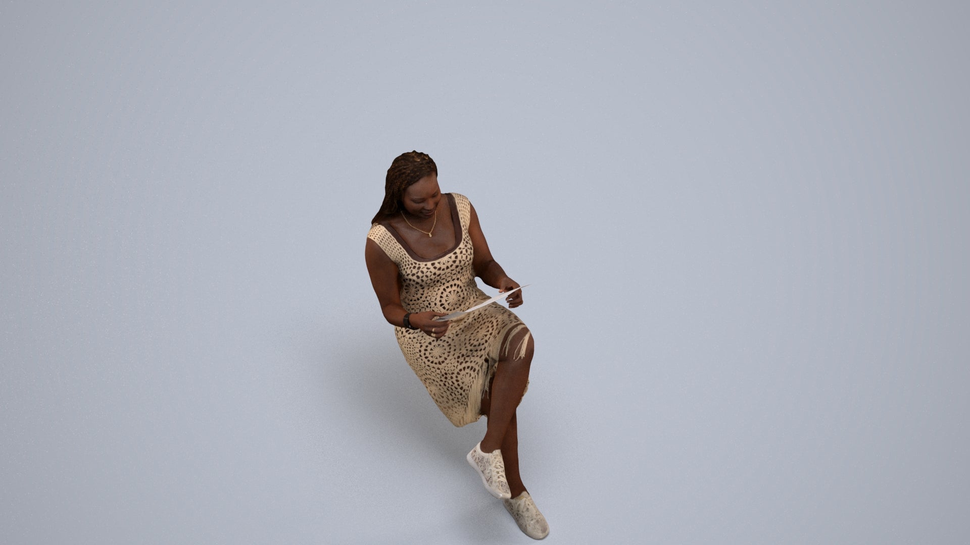 realistic 3D human woman casual sitting, archviz people FBX OBJ for Blender, back view render