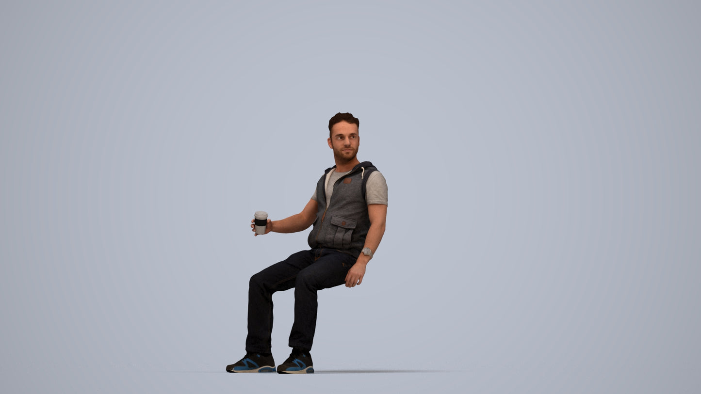 realistic 3D human man casual sitting, archviz people FBX OBJ for Blender, top-down view render